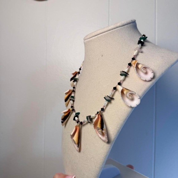 Handmade Shell Fringe Statement Necklace Gemstone Beaded Coastal Boho Beach - Picture 6 of 8